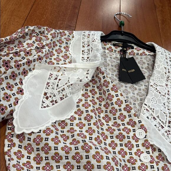 NWT Maje Romelange Geometric Print Linen Removable Lace Collar Dress size 40 - Picture 7 of 14
